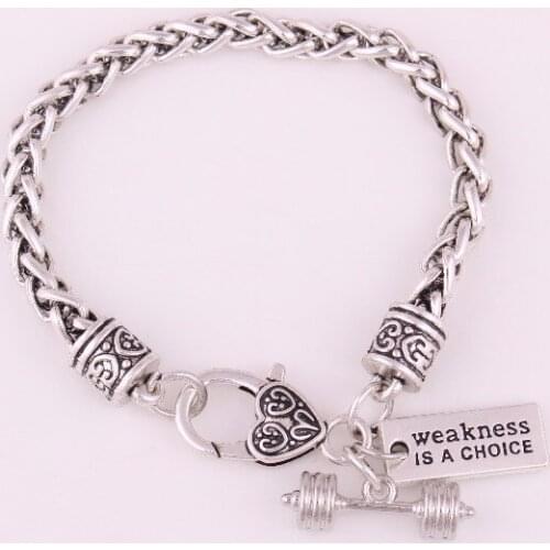 Drop Shipping Antique Silver Plated Weakness is a choice Weight Lifting Barbells Dumbbells Fitness Gym Inspire Bracelets
