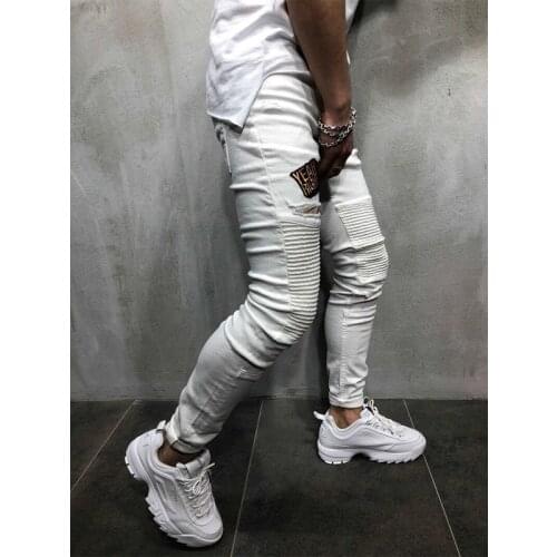 Jeans Stretch Denim Pencil Long Trousers Leggings Pantalon White Men Stylish Ripped Destroyed Skinny Jeans Pants Biker Biker