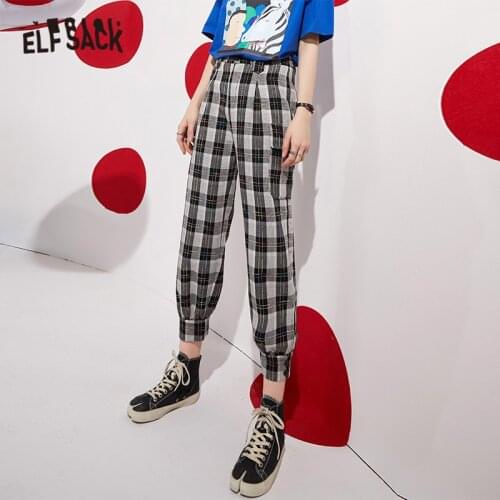ELFSACK Plaid British High Waist Straight Casual Women Harem Trouser,2021 Spring Stylish Pocket Korean Ladies Basic Daily Bottom