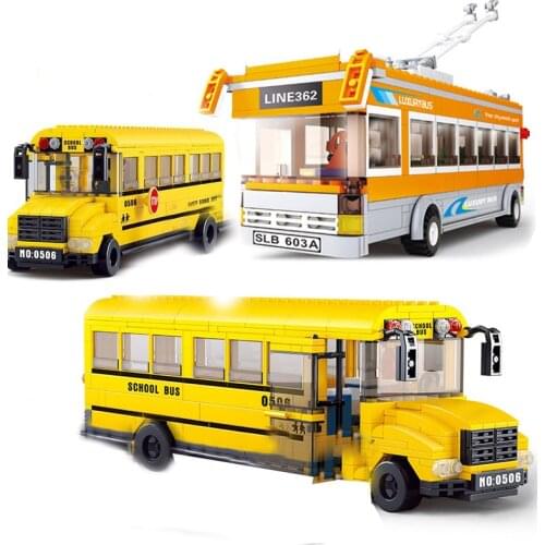 City Vehicles Friends School Bus Station Stop Car Double-Decker Truck Model Building Blocks Kits DIY Bricks Toys Children Ideas
