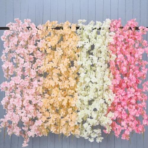 180cm Artificial Cherry Blossom Fresh-keeping 135 Flower Head Faux Silk Flower Wall Hanging Artificial Rose Vine for Wedding