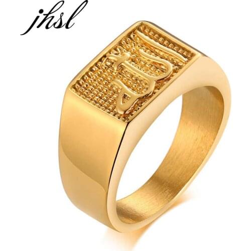 JHSL Islam Muslim Allah Men Rings Gold Color Stainless Steel Fashion Jewelry Anniversary Gift 10mm Size 7 8 9 10 11 12