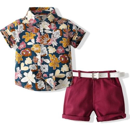 Kimocat Baby Boy Summer Suit, Floral Short-Sleeved Shirt + Casual Shorts + Belt 3-Piece Set, Baby Fashion Clothing 1-6 Years