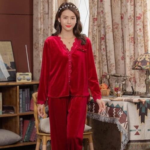 5XL Larger Size 2pcs/Lot Autumn Winter Lace Women Pajamas Sets Satin Velvet Sexy Warm Homewear Pijama Pyjamas Suit For Women