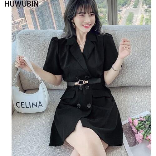 Korean Version 2021 Summer New Womens Suit Collar Fashion Temperament Waist Show Thin High End Professional Black Suit Dress