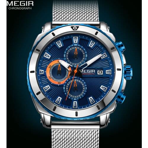 MEGIR Mens Watches 2020 Luxury Top Brand Mesh Strap Blue Face Wrist Watch Luminou Waterproor Chronograph Quartz Watces Men 2075