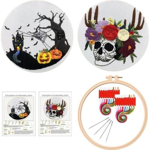 2 Pack Halloween Embroidery Kit for Beginners, Gift Embroidery Starter Kits, Contains all Embroidery Tools, English Manual (A)
