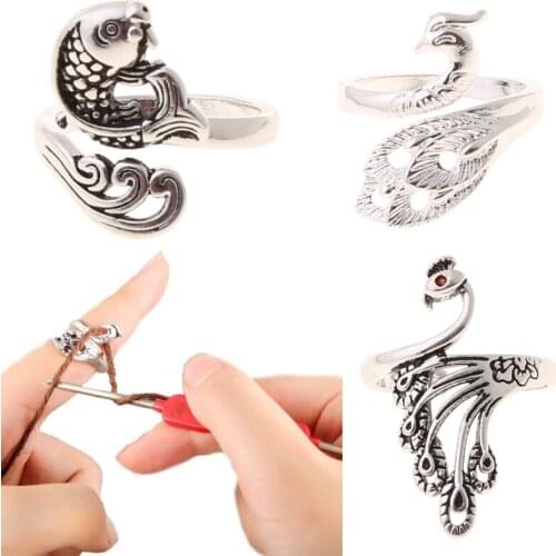 3Pcs Knitting Loop Crochet Ring Set Adjustable Fish Peacock Braided Ring Metal Yarn Guide Finger Rings Holder Jewelry X4YA