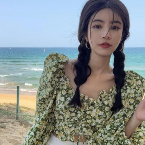 New Shirt Women Puff Long Sleeve Shirts Fashion Drawstring Blouse Spring Floral Chiffon Blouses Loose Tops Blusas Mujer Beach