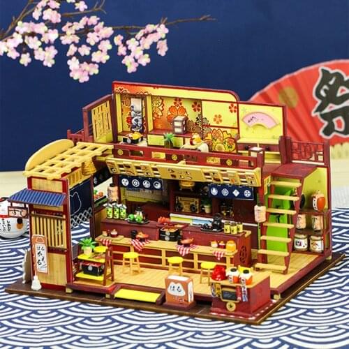 New DIY Japanese Sushi Store Cottage Wooden Doll House Kit Miniature with Furniture Casa Dollhouse Toys for Children Xmas Gifts