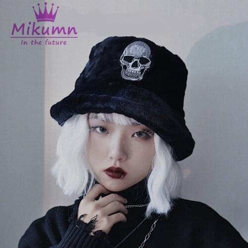 Autumn Winter Warm Harajuku Skull Embroidery Fisherman Cap Black Bucket Hat Women And Man Streetwear