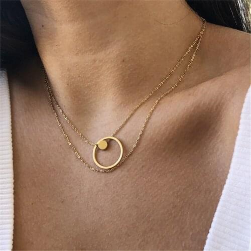 MAA-OE 2021 New Vintage Fashion Multilevel Gold Simple Geometric Round Pendant Necklaces For Women Female Chain Necklace Jewelry