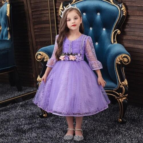 Appliques Flower girls dress half sleeve kids dresses for girls princess dress lace Beaded girls Christmas dress birthday party