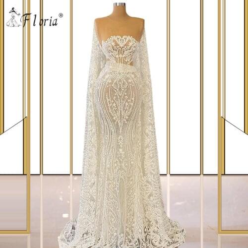 Muslim White Prom Dresses 2020 Mermaid Sleeveless Detachable Cape Appliques Lace Luxury Dubai Women Formal Party Evening Gowns