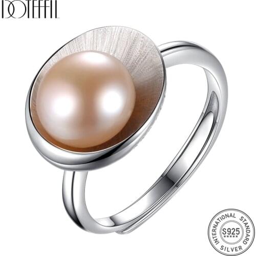 DOTEFFIL Gift Box Authentic 925 Silver Ring Pearl Ring Resizable 9-10MM Natural Freshwater Pearls Jewelry Finger Rings for Women