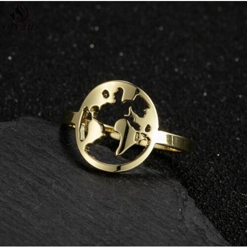 Simple Round Stainless Steel Rings for Women Boho Jewelry Geometric World Map Finger Ring Statement Boyfriend Travel Gift