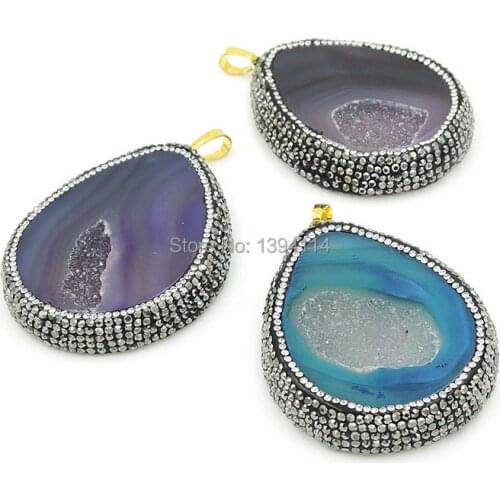 Mixed Colors Stripe Agat e Geode Slice Drop Pendants With Paving CZ Approx 50*40*10mm