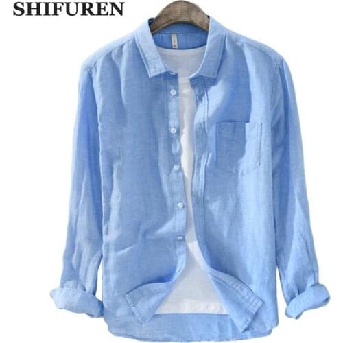 SHIFUREN Causal Cotton Linen Shirts Men Long Sleeve Turn-down Collar Male Single Breasted Social Dress Shirts Size M-XXXL