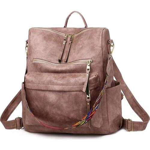 Retro Colors Strap Shoulder Backpack Women Fashion Leather Designer Ladies Rucksack Convertible Handbags