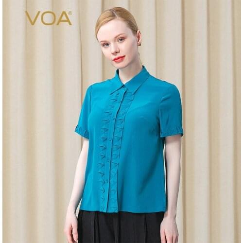 VOA Silk Summer Short Sleeve Polo-Neck Women Tops Chic Square Applique Casual Solid Shirts Female Office Lady Blouses 2021 BE553