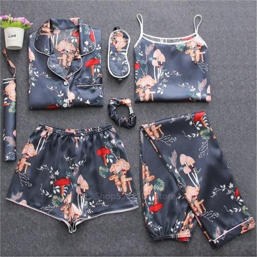 Women Clothing Home Wear Pajamas Set Print Satin Silk-like Nightwear Thick Soft Lingerie Top+trousers+shorts+vest+blindfold 7Pcs