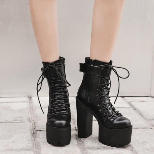 2021 Fashion Motorcycle Boots Women Leather Spring Autumn Metal Buckle High Heels Shoes Zipper Black Ankle Boots Woman Lacing