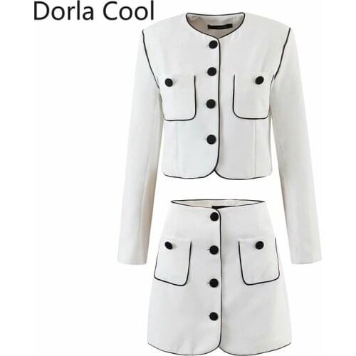 New Women Suit White Color Two Pieces Slim Coat Mini Skirt Sets Autumn Spring Ladys Buttons Blazer Skirts Clothing