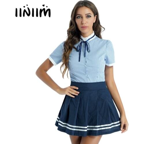 Womens Schoolgirl Cosplay Costume Short Sleeve Bowknot Button Down Striped Shirt with Pleated Skirt Halloween Roleplay Outfits