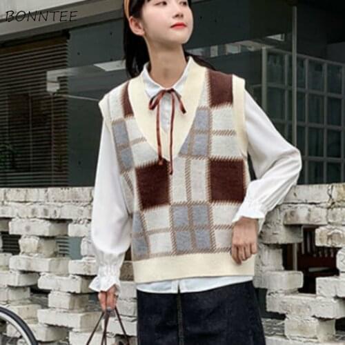 Sweater Vest Women Student Patchwork Autumn Sleeveless Knitted V-Neck Leisure Preppy Style All-match Fashion Chic Loose Ulzzang