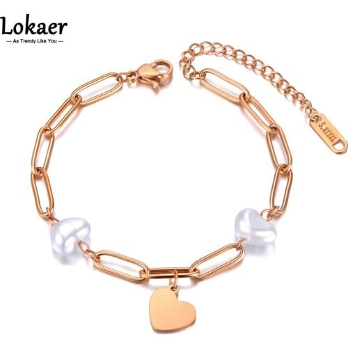 Lokaer Vintage Stainless Steel White Pearl Chain Link Bracelets For Women 14 K Gold Fashion Love Heart Charm Bracelet B21089