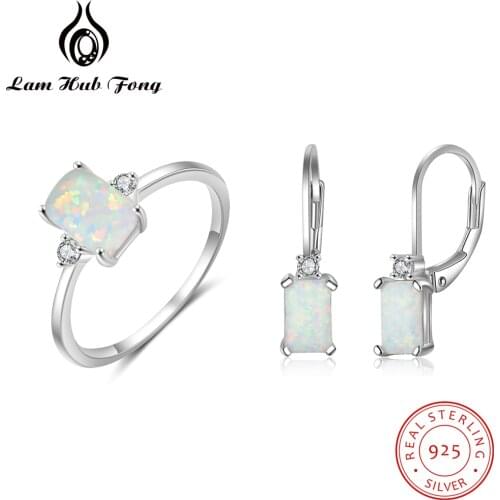 925 Sterling Silver Jewelry Sets for Women Rectangular White Opal Ring Earrings Opal Jewelry Wedding Party Gifts (Lam Hub Fong)