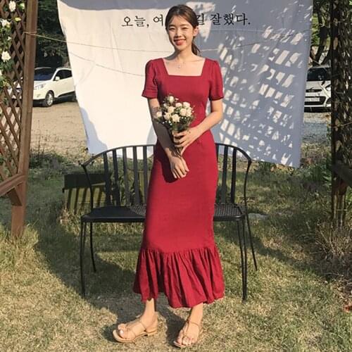 Fashion Women Summer Square Collar Cotton Dress Elegant Lady Sexy Puff Sleeve Vintagae Trumpet/mermaid Korean Chic Dress Female