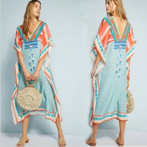 Fashion V-neck Robe Sandy Beach Smock Printing Short Sleeve Stripe Beach Swimming Robe Kaftan Beach Robe Dress