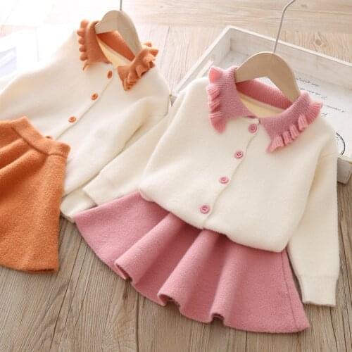 Winter Children Clothing Sets Solid Knitted Cardigan Sweater Pleated Skirt 2pcs Baby Girls Suits Kids Outfits Girls Fall Outfits