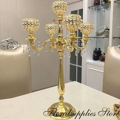 10PCS 30'' Tall Crystal Candelabra Centerpieces Gold Wedding Crystal Decoration 5 Arms Candelabra Metal Candle Holder