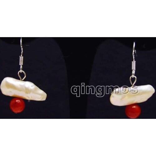 15-25mm Pink Natural Freshwater Biwa Pearl and 6-7mm Round Red Coral Earring-ear464 wholesale/retail Free ship