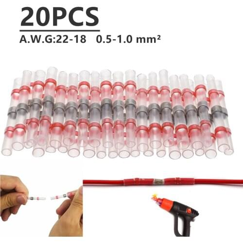 20PCS Solder Seal Wire Connectors Heat Shrink Waterproof Insulated Butt Terminators AWG22-18 Automotive Marine Red