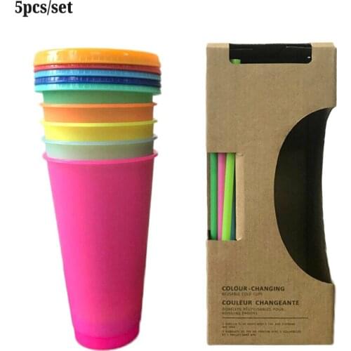 5pcs 700ML Temperature Change Color Cups Coffee Cup Mug Water Bottles With Straws