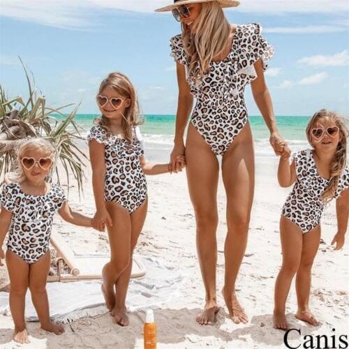 One Piece Leopard Ruffles Bathing Suit Family Clothes Women Girls Beachwear Mom Daughter Cool Swimwear Hot Matching Beachwear