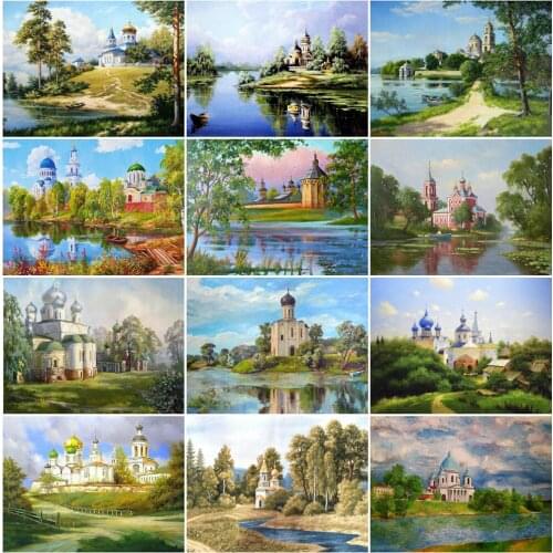 KAMY YI Castle Landscape Lakeside Diamond Painting Cross Stitch Set 5D Diy Full Diamond Embroidered Mosaic Home Decoration