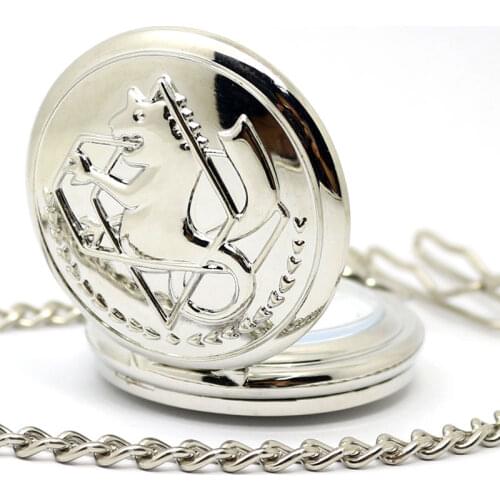 New Silver Case Fullmetal Alchemist Pocket Watch Cosplay Edward Elric with Big Chain Anime boys Gift wholesale Price P423C