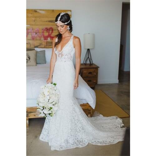 Deep V-Neck Sleeveless Mermaid Lace Summer Bohemian Open Back Boho Bridal gown 2018 vestido de noiva longo bridesmaid dresses