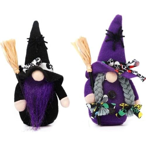 R7RC Halloween Broomstick Top Hat Witch Dwarf Gnome Doll Ornaments Cute Cartoon Dwarf Elf Home Decor Halloween Celebration