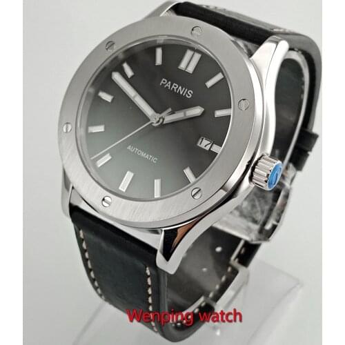 Parnis 43mm Men Automatic Self Wind Mechanical Rose Gold Silver Black Case leather Strap Casual Watch W2733