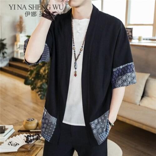 Man Half-Sleeve Japanese Coats Kimono Traditional Cardigan Vintage Shirt Surplices Coat Yukata Cardigan Without Buttons Clothing