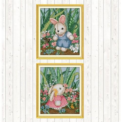 Lovely Rabbit DIY Needlework Crafts Cross Stitch Embroidery Kits 14CT 11CT Counted and Stamped DMC Cotton Thread Printed Canvas