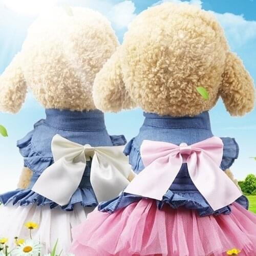 Chihuahua Dog Clothes Samoyed Bowknot Cowboy Lace Skirt Yorkshire Shih tzus Malta Pomerania Poodle Than The Bear Dog Denim Dress
