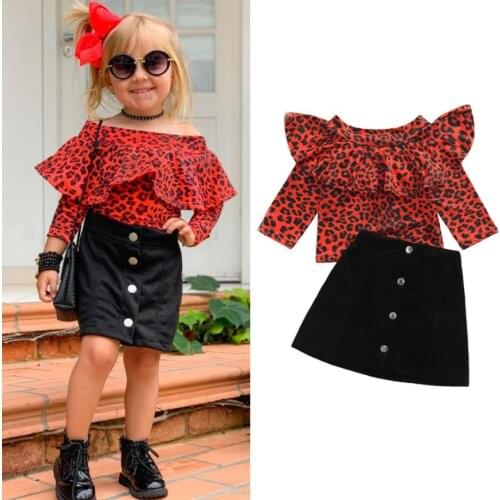 Fall Spring Baby Girls Clothes Set Leopard Print Long Sleeve Ruffles T shirt Tops Short A-line Skirt Fashion Childrens Sets