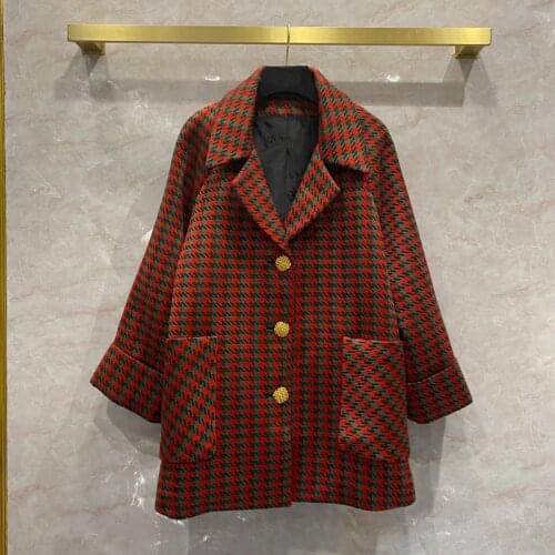 Autumn Winter New Designer plaid loose wool overcoat High quality Womens loose woollen coat C828