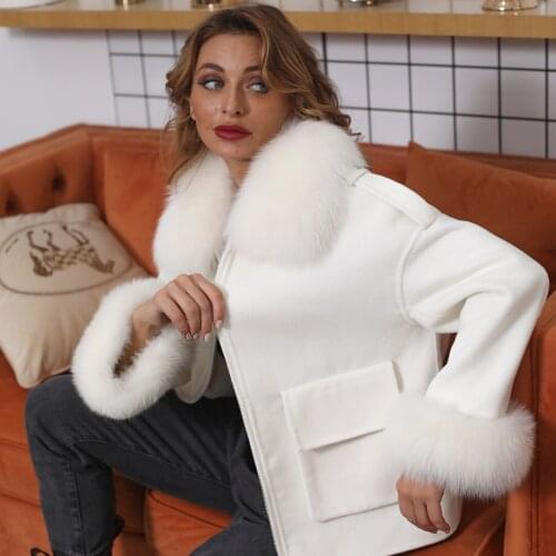 Autumn Coat Women Casual Fashion Big Pocket Wool Cashmere Blends Coats With Real Fox Fur Collar Cuff Short Tweed Jacket